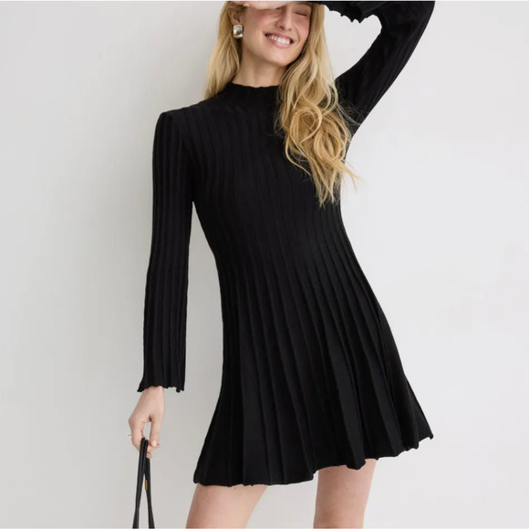 Maje Dresses & Skirts - Maje Black Ribbed Knit Mini Dress SMALL Career Fit Flare Long Bell Sleeve $300